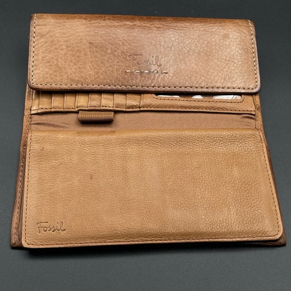 Vintage Fossil Brown Leather Clutch Wallet Checkbook Organizer Snap Closure - Picture 10 of 12